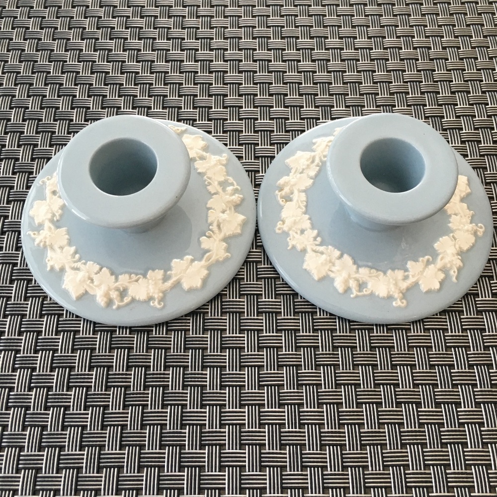 Wedgwood Vintage Heavenly Blue Jasperware/"Queensware" Candlestick Holders